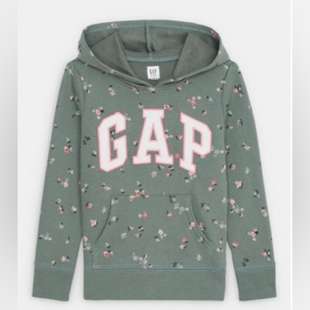 Gap Kids Girls Large (10) Logo Hoodie Sweatshirt Sage Green Pink Flowers
